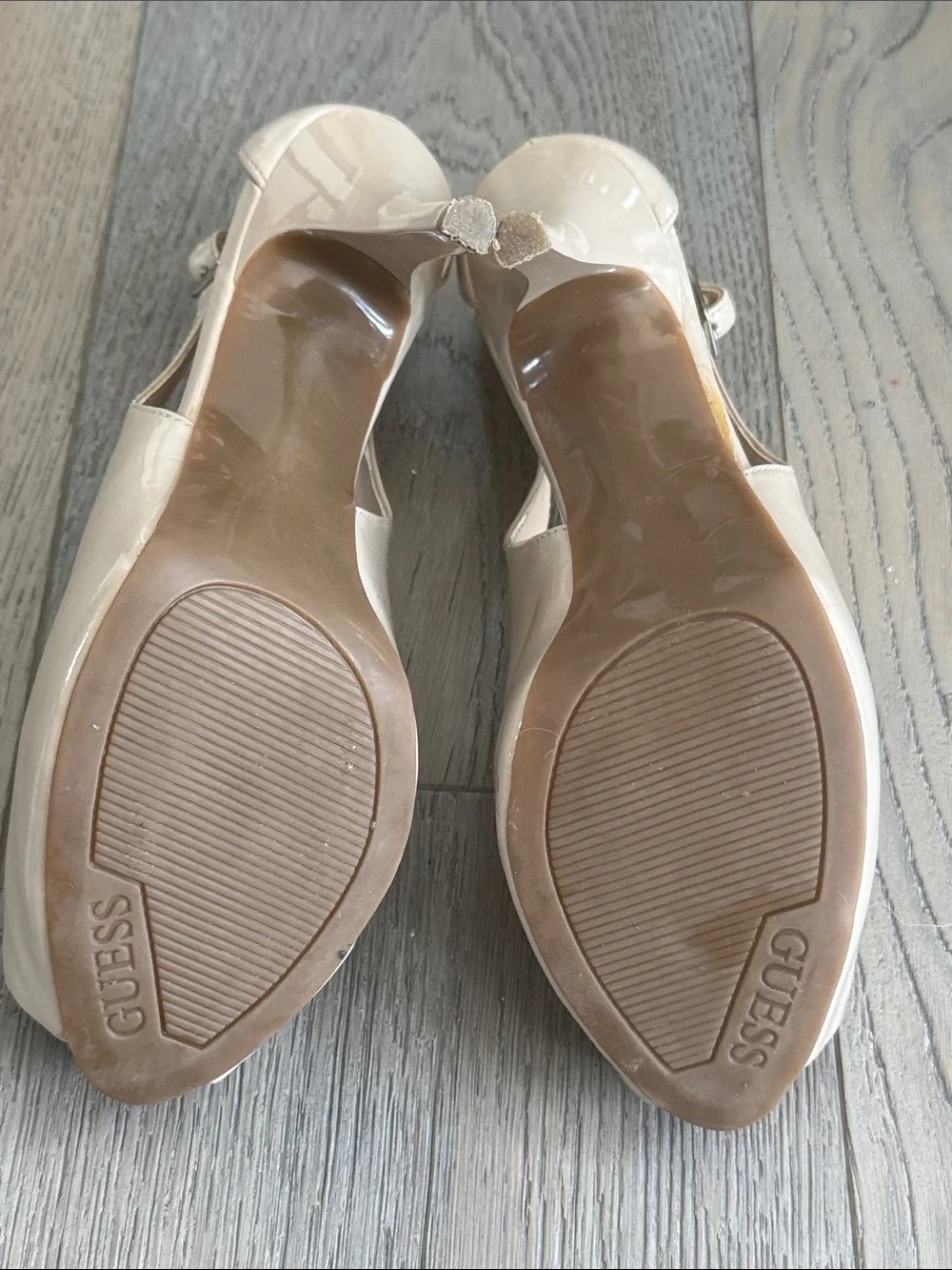 GUESS Nude Patent Slingback Peep Toe 4 3/4” Platform Heels- 8 1/2 M